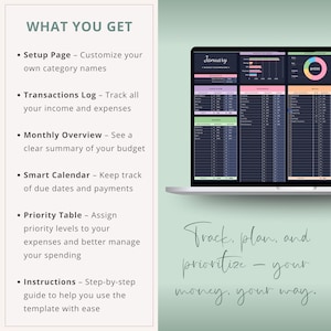 May include: A laptop screen displays a budgeting template with charts and tables. Text on the screen includes "January" and a budget summary. The image also features a list of features: Setup Page, Transactions Log, Monthly Overview, Smart Calendar, Priority Table, and Instructions.