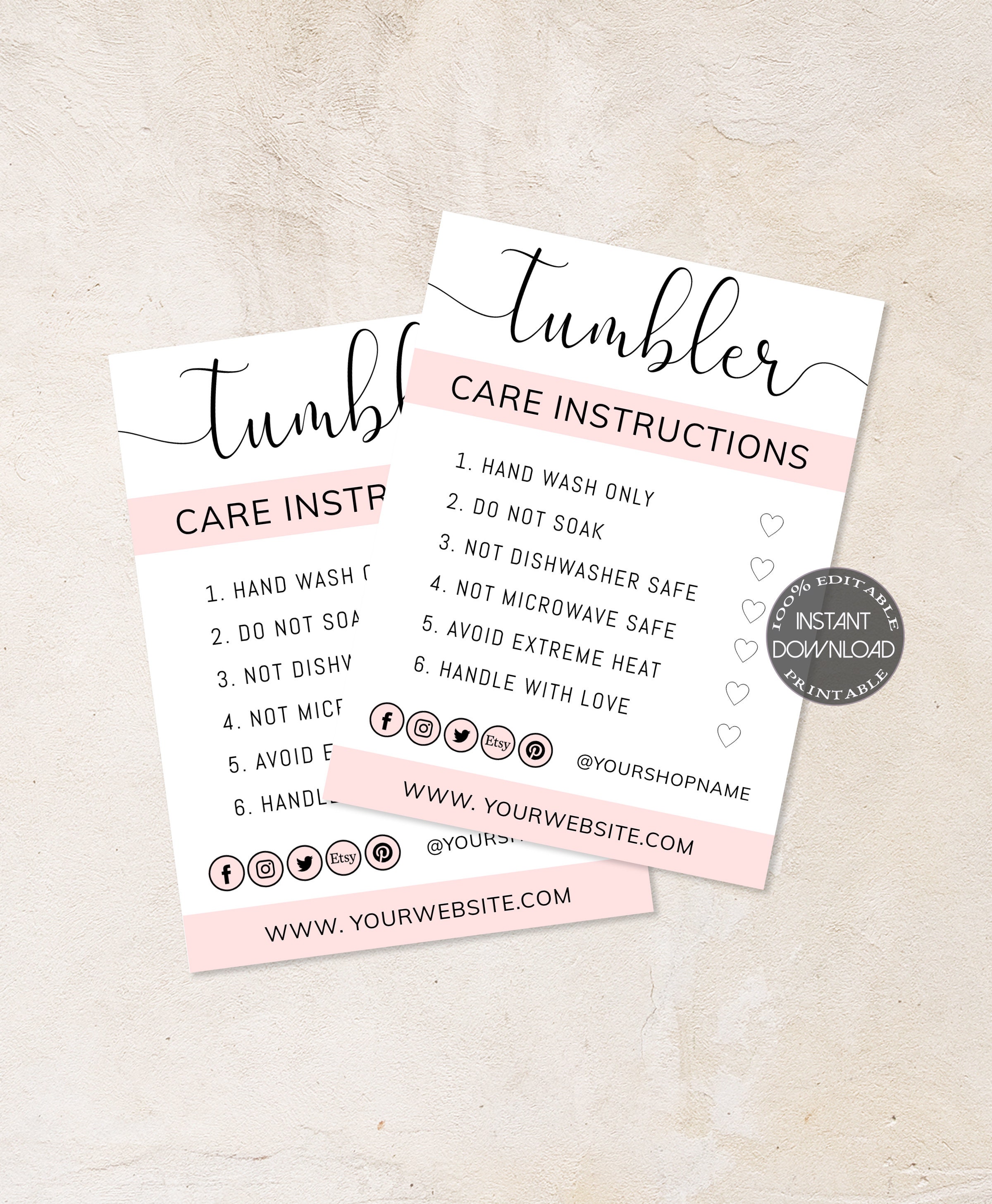 Printable Tumbler Packaging Insert Card Dtp-006 TUMBLER CARE CARD ...
