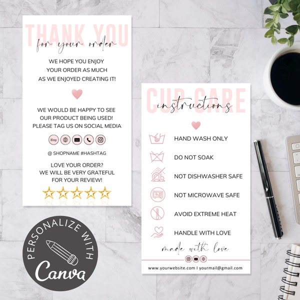 Cup Care Instructions I Editable Canva Template I Cup Thank You Card For Customers I Editable Tumbler Care Instructions I Custom Care Card.