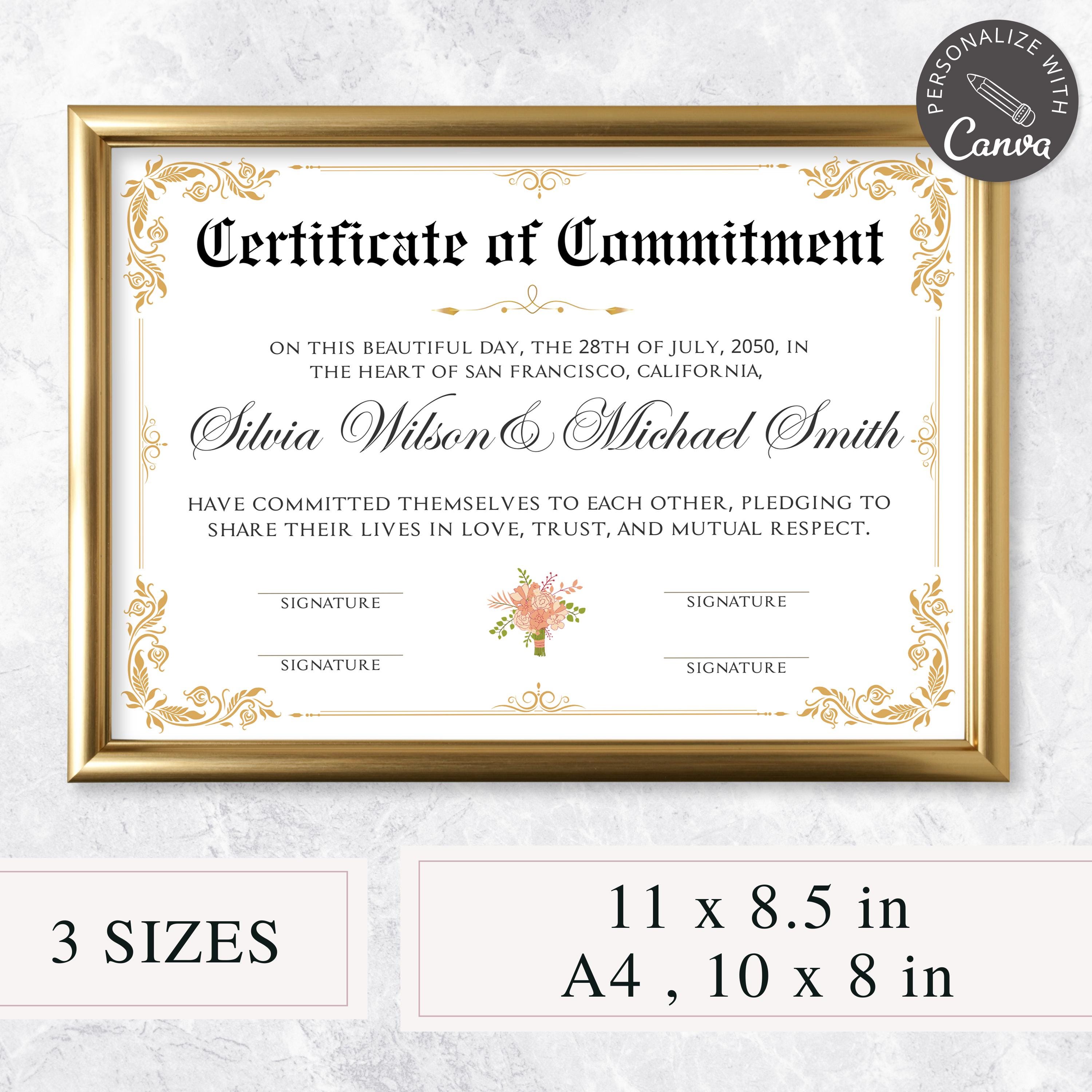Editable Commitment Certificate | Canva Template, Custom Marriage ...