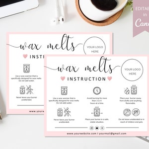 Wax Melts-onderhoudskaart bewerkbare sjabloon, Canva-sjabloon, afdrukbare Wax Melts-instructiekaart, Wax Melt-onderhoudskaarten voor kleine bedrijven. DTP-030
