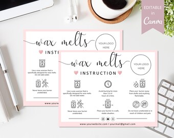 Wax Melts Care Card Editable Template, Canva Template, Printable Wax Melts Instructions Card, Small Business Wax Melt Care Cards.