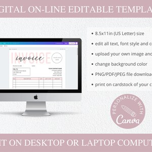 Op de afbeelding: Een digitale factuurtemplate op een computerscherm. De template is aanpasbaar met uw eigen logo, afbeelding en tekst. Het is beschikbaar in de maat 8,5 x 11 inch (US Letter) en kan worden gedownload in PNG-, PDF- of JPEG-formaat. De template is ontworpen om te worden afgedrukt op karton.