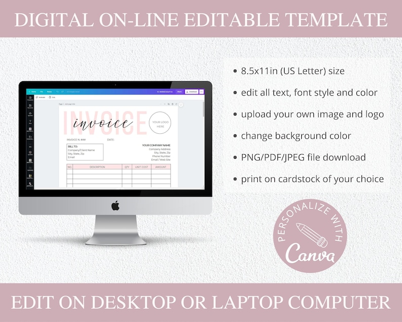 Op de afbeelding: Een digitale factuurtemplate op een computerscherm. De template is aanpasbaar met uw eigen logo, afbeelding en tekst. Het is beschikbaar in de maat 8,5 x 11 inch (US Letter) en kan worden gedownload in PNG-, PDF- of JPEG-formaat. De template is ontworpen om te worden afgedrukt op karton.