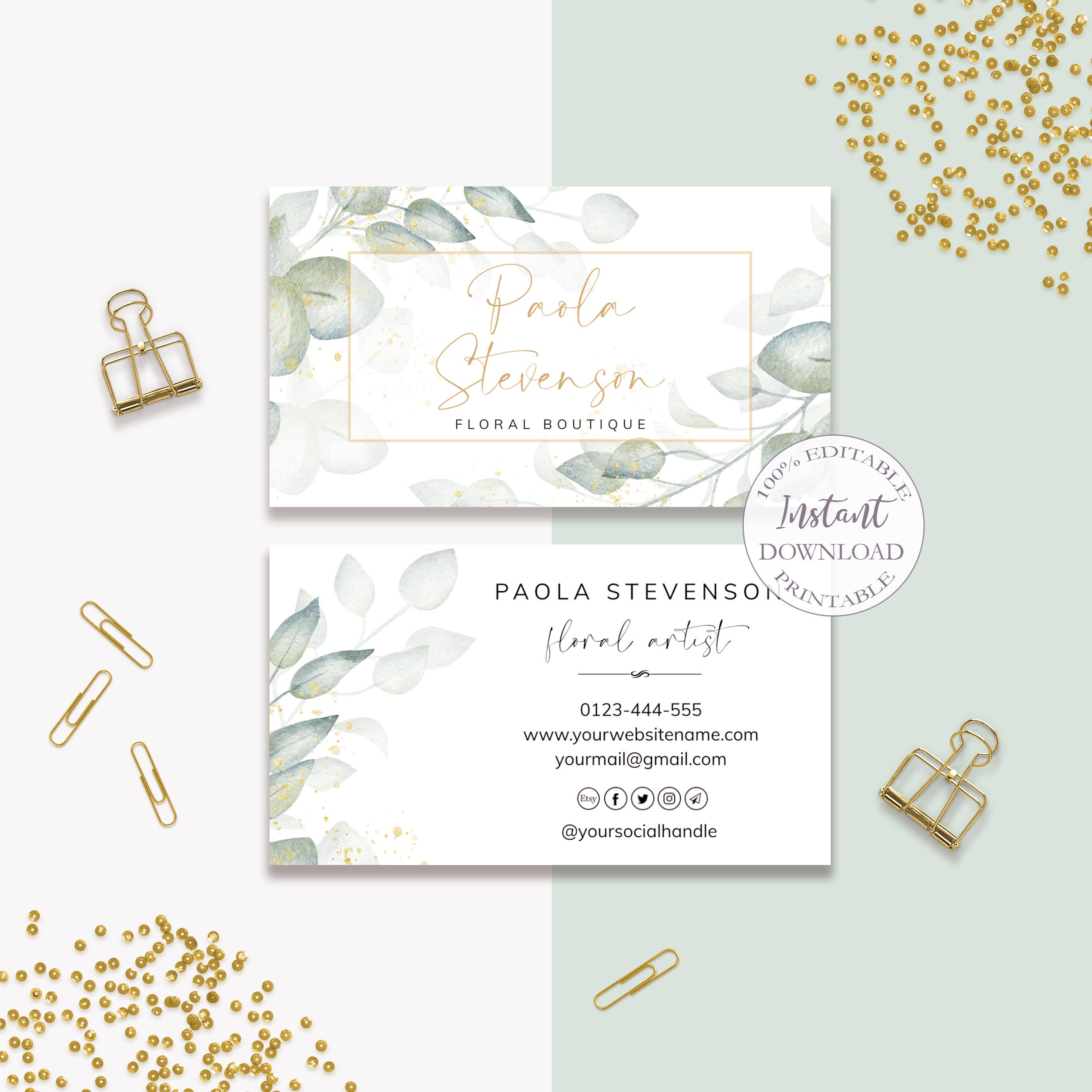 Greenery Business Cards Editable Business Card Template - Etsy