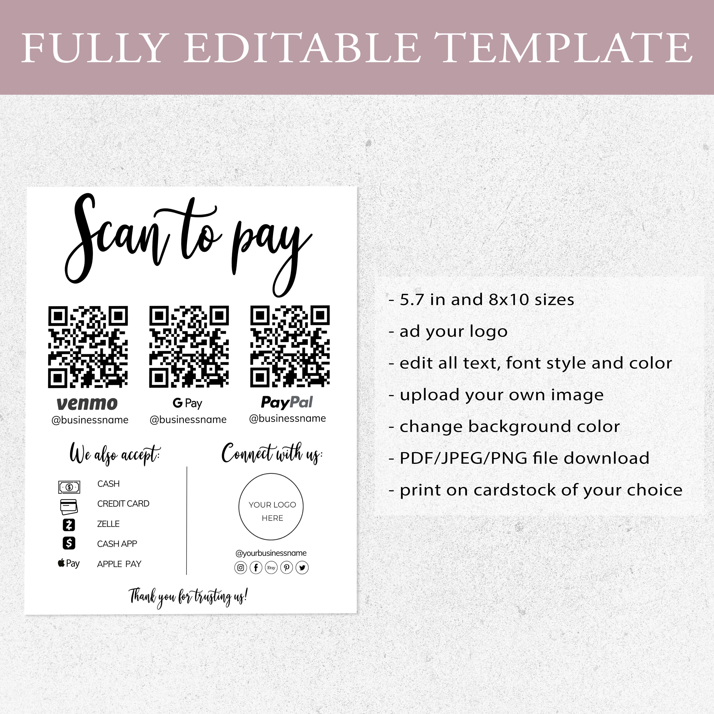 Editable Scan to Pay Card I Canva QR Code Sign Template, Cashapp Paypal ...