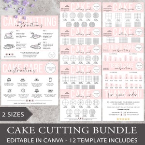 cake care card, instant download, cake cutting guide, care instructions, small business, cake cutting set, canva template, bakery care card, cake care guide, cake portion guide, cake business, thank you cards, editable template