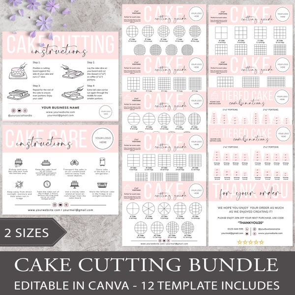 Cake Cutting Set I Editable Canva Template I Cake Care Card, Care Instructions, Thank You Cards, Cake Cutting Guide, Bakery Care Card