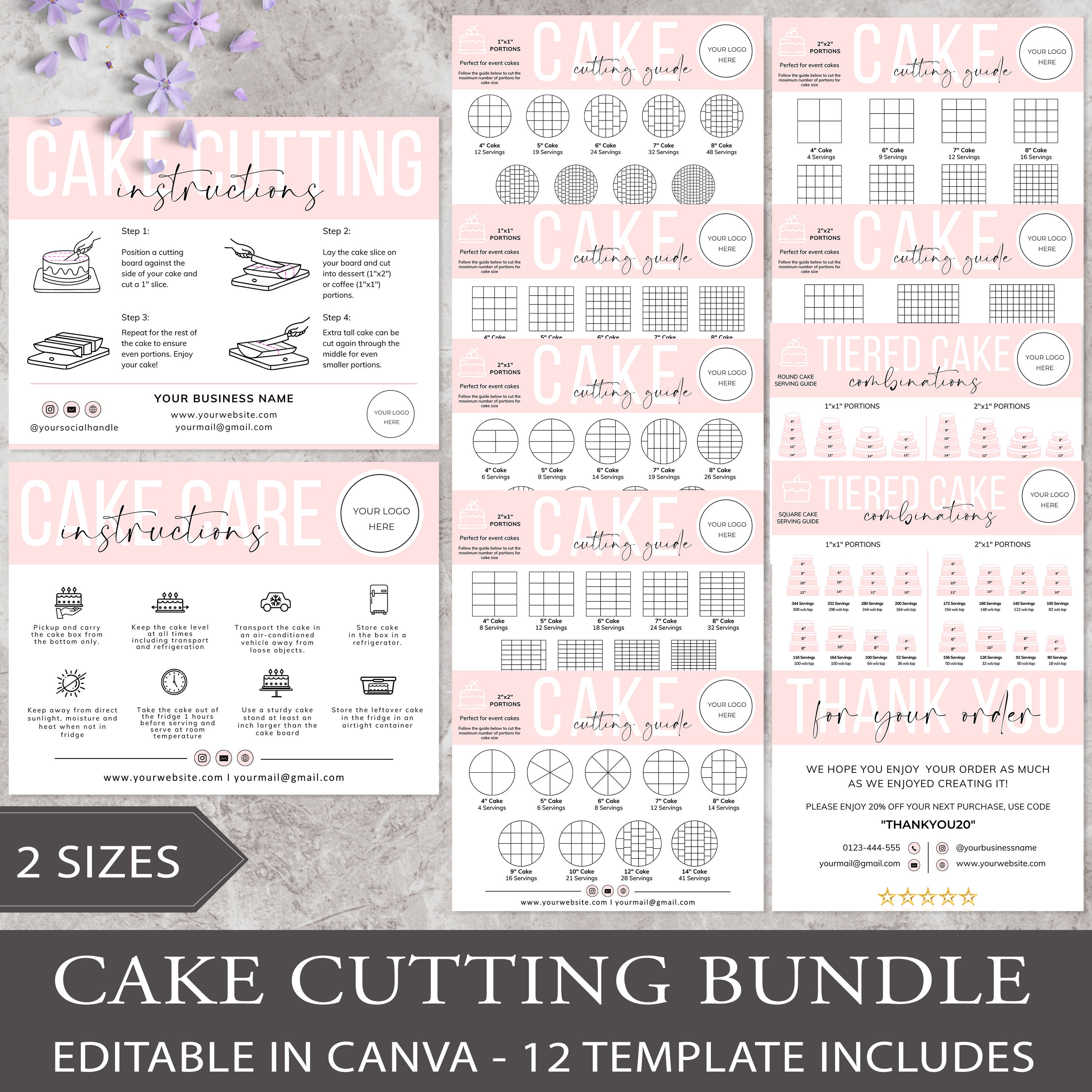 Cake Cutting Set I Editable Canva Template I Cake Care Card, Care Instructions, Thank You Cards, Cake Cutting Guide, Bakery Care Card