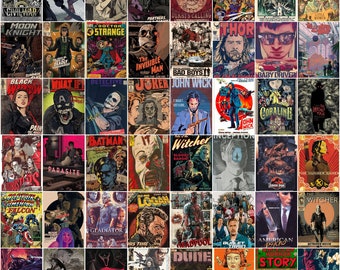 May include: A collage of comic book covers featuring various superheroes and villains. The covers are arranged in a grid pattern and include titles such as "The Witcher", "WandaVision", "Hawkeye", "Thor", "Doctor Strange", "The Invisible Man", "Joker", "John Wick", "Batman", "Coraline", "The Hunger Games", and "The Witcher".