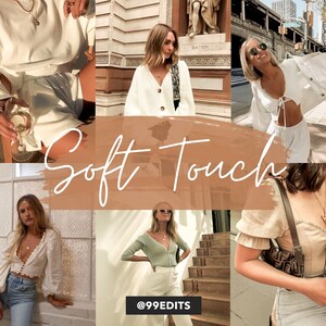 Puede incluir: Un collage de imágenes con mujeres que llevan diferentes blusas blancas y crema. Las imágenes están dispuestas en una cuadrícula y el texto "Soft Touch" está escrito en blanco sobre un fondo marrón. El texto "@99edits" está escrito en negro en la parte inferior del collage.