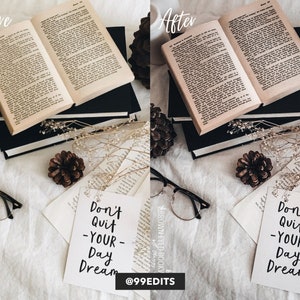 Może przedstawiać: Zdjęcie płaskie z białą kartką z napisem "Don't Quit -Your- Day Dream" napisanym czarnym atramentem. Kartka leży na białym tle z książkami, szyszkami i szklankami.