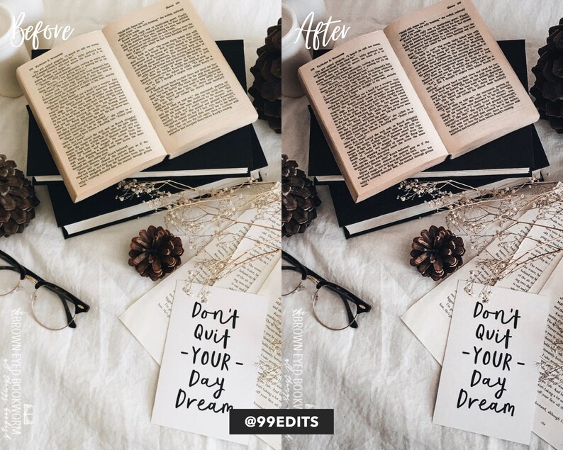 Może przedstawiać: Zdjęcie płaskie z białą kartką z napisem "Don't Quit -Your- Day Dream" napisanym czarnym atramentem. Kartka leży na białym tle z książkami, szyszkami i szklankami.
