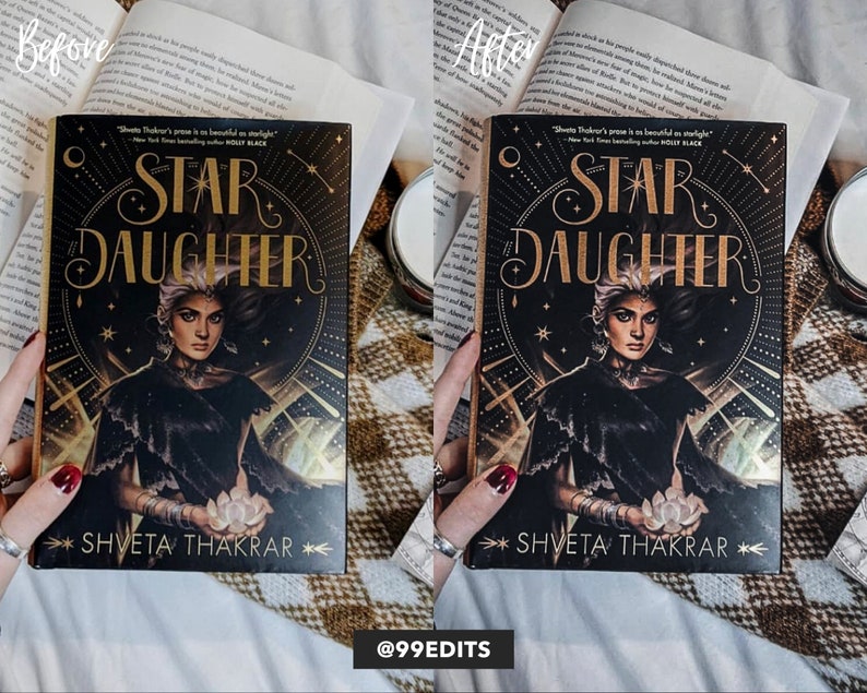 Może przedstawiać: Zbliżenie na książkę zatytułowaną "Star Daughter" autorstwa Shvety Thakrar. Okładka przedstawia kobietę o ciemnych włosach i czarnej sukni, trzymającą świecącą kulę. Tło stanowi ciemne, gwiezdne niebo z złotymi akcentami.