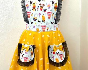 Retro Apron circular skirt Fun Ice Cream Cotton Print with Pleated Mesh Trim Adjustable Strap and Pockets