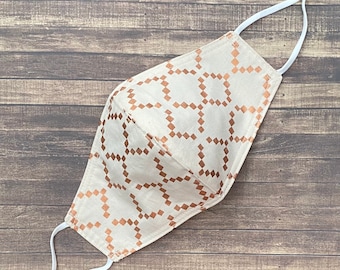 Cream Copper Square Pattern Print Cotton Face Mask (Reversible and Adjustable Straps)