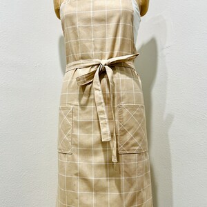 Bib Apron in Tan Beige Grid Cotton Canvas Fabric with Pockets and Adjustable Neck Strap (style modeled in photos)