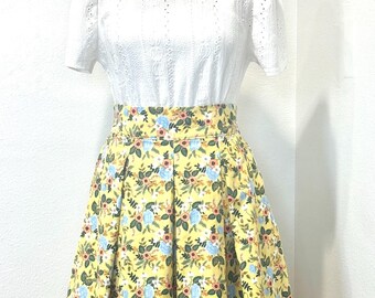 Rifle Paper Co Birch in Yellow Cotton Print Skirt Pleated Front with Side Pockets and Elastic Shirring Back