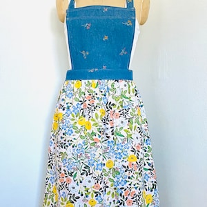 Bib Apron Denim/ Floral Cotton Print  in Blush with Adjustable Strap and Pockets