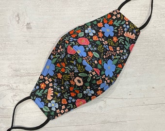 Rifle Paper Primavera Wild Rose in Black Cotton Face Mask (Reversible and Adjustable Straps)