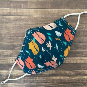Navy Fox Friends Pattern Cotton Face Mask (Reversible and Adjustable Straps)