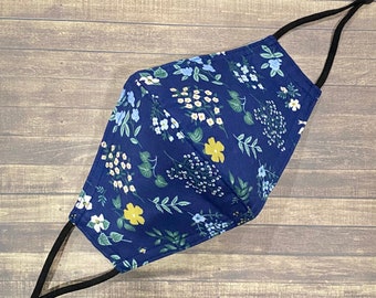 Rifle Paper Hawthorne Navy Cotton Face Mask (Reversible and Adjustable Straps)