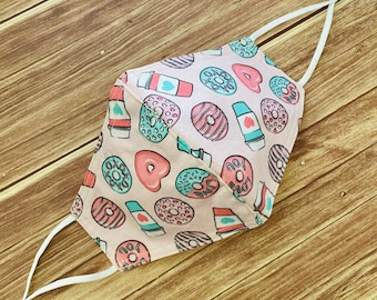 Valentines Day Coffee and Donuts Print Cotton Face Mask (Reversible and Adjustable Straps)