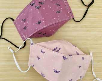 Halloween Fun Bats “Spooky &#39;n Sweeter, Winging it Dim” or “Bright” Print Cotton 3-D Mask