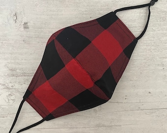 Large Gingham Buffalo Check Red and Black Cotton Face Mask (Reversible and Adjustable)