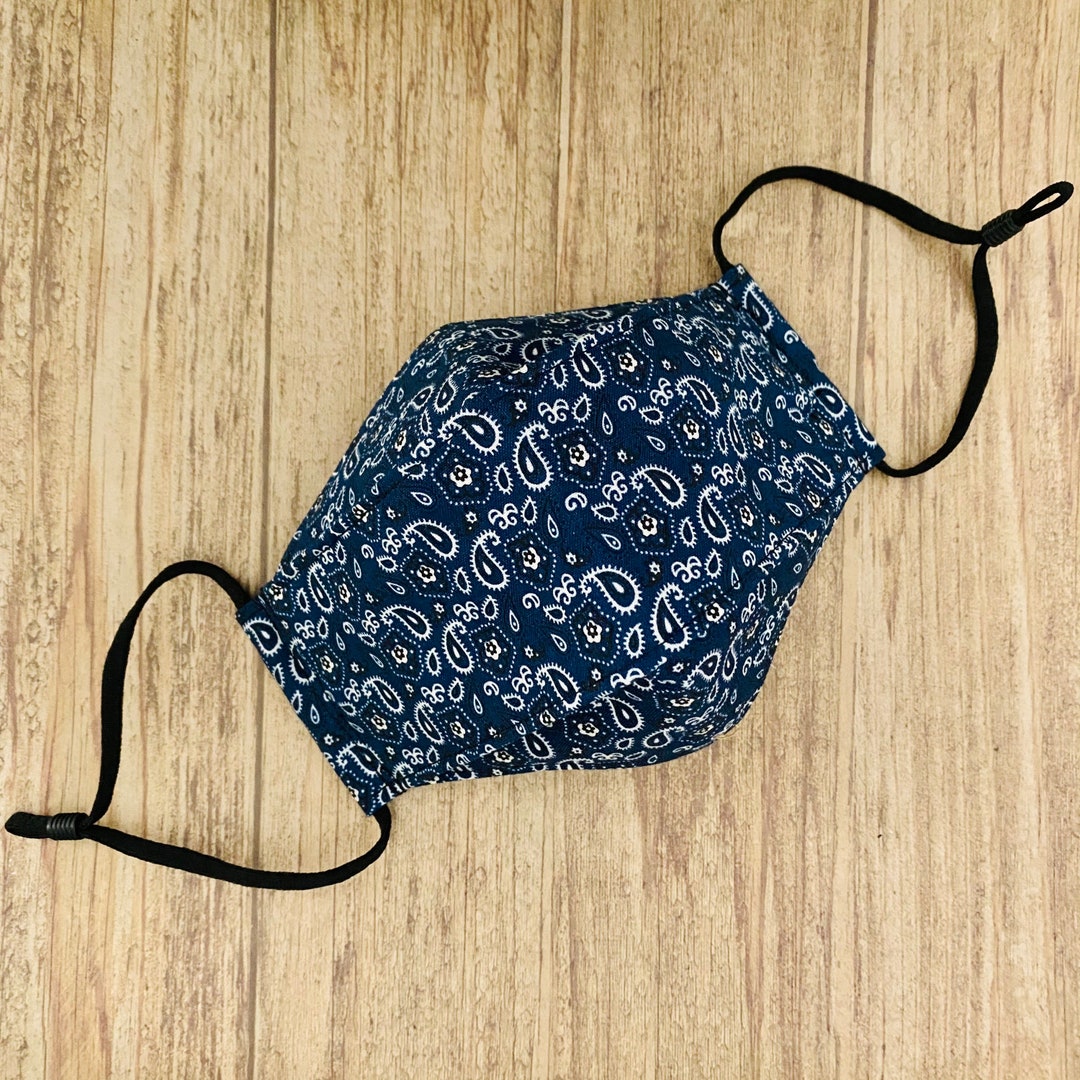 Southwest Navy Blue Paisley Bandana Print Cotton 3-D Face Mask