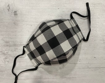 Gingham Buffalo Check Black and White Print Cotton 3-D Face Mask