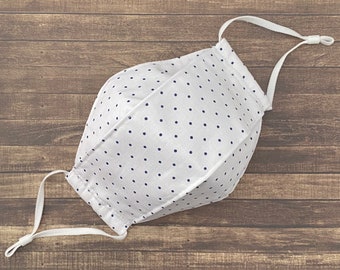 White Navy Polka Dot Print Cotton 3-D Mask