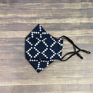 Navy Square Pattern Print Cotton 3-D Face Mask image 2