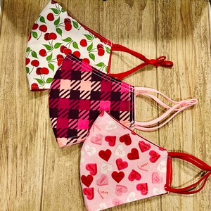 SPECIAL VALENTINES DAY Set Cherries, Houndstooth and Sweethearts Cotton Face Mask (Reversible and Adjustable Straps)