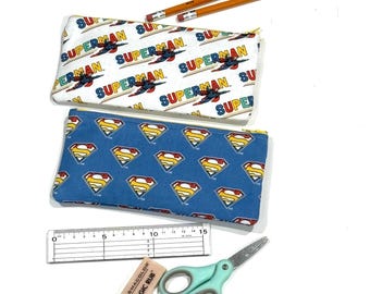 Super Hero Print in Cotton Fabric Zipper Pencil Pouch