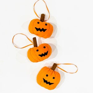 May include: Three orange felt pumpkin ornaments with black stitched faces and brown stems. Each pumpkin has a loop of orange ribbon for hanging. A festive Halloween decoration.