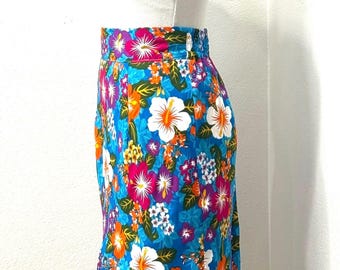 Hawaiian print in blue Rayon Print, High Low Midi Flounce skirt with Back Waist Elastic Shirring