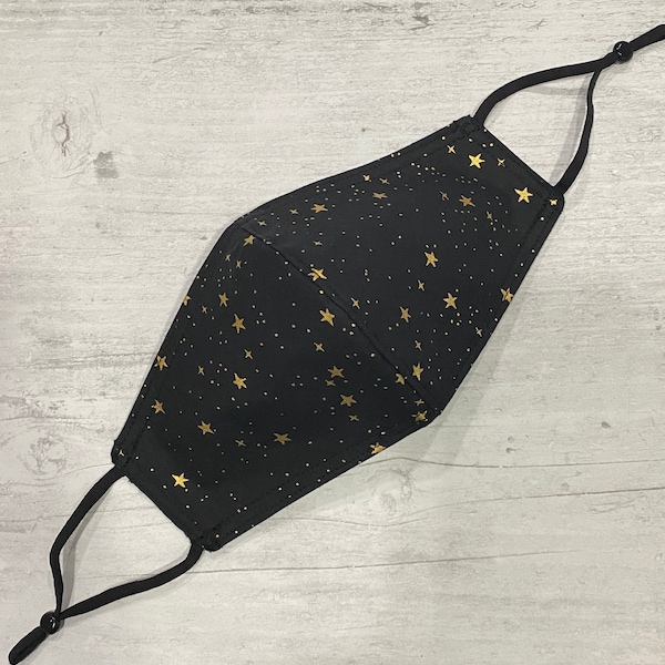 Rifle Paper Primavera Stars in Black Metallic Cotton Face Mask Black Stars (Reversible and Adjustable Straps)