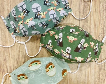 The “Child” and Mando (set 4) 3D Face Masks in Green OR Forest Green OR Pale Green Print Cotton Fabric