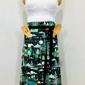 Bistro Apron / Long Half Apron in Black Forest Camp Canvas Cotton with Pockets