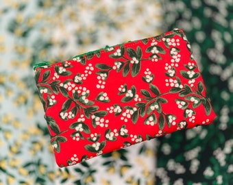Rifle Paper Mistletoe Red/ Evergreen / Cream OR Mint Print Zipper Holiday/ Christmas Coin Pouch Wallet (6 x 3.5 in)