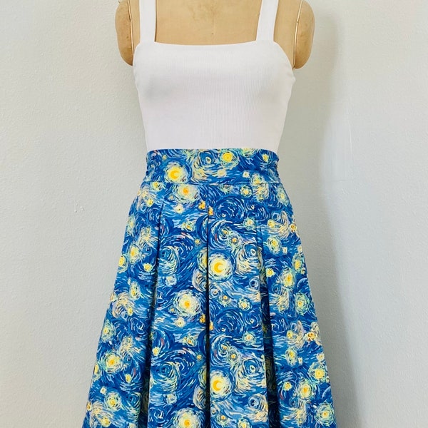 Van Gogh Starry Night Print Skirt Pleated Front with Side Pockets and Elastic Shirring Back