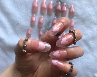 Pink Hearts - READY TO SHIP | Pink Nails | Kawaii Nails | Pink Kawaii | Long Oval Nails | Long Nails | Handmade Press on Kawaii Nails |