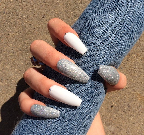 White And Sparkle Nails | White And Sparkle Press On Nails | Artificial Nail