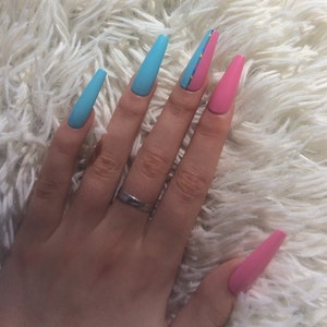 Candy Shop Half Blue Half Pink Nails Baby Pink Nails Baby Blue Nails Gender Reveal Party Nails Ballerina Nails Press on Nails image 3