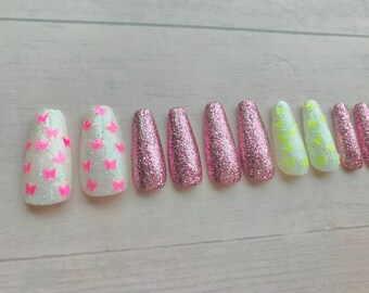 Glitter Butterfly | Butterfly Nails | White Nails | Pink Nails | Trendy Nails | Long Ballerina Nails | False Nails | Press on Nails