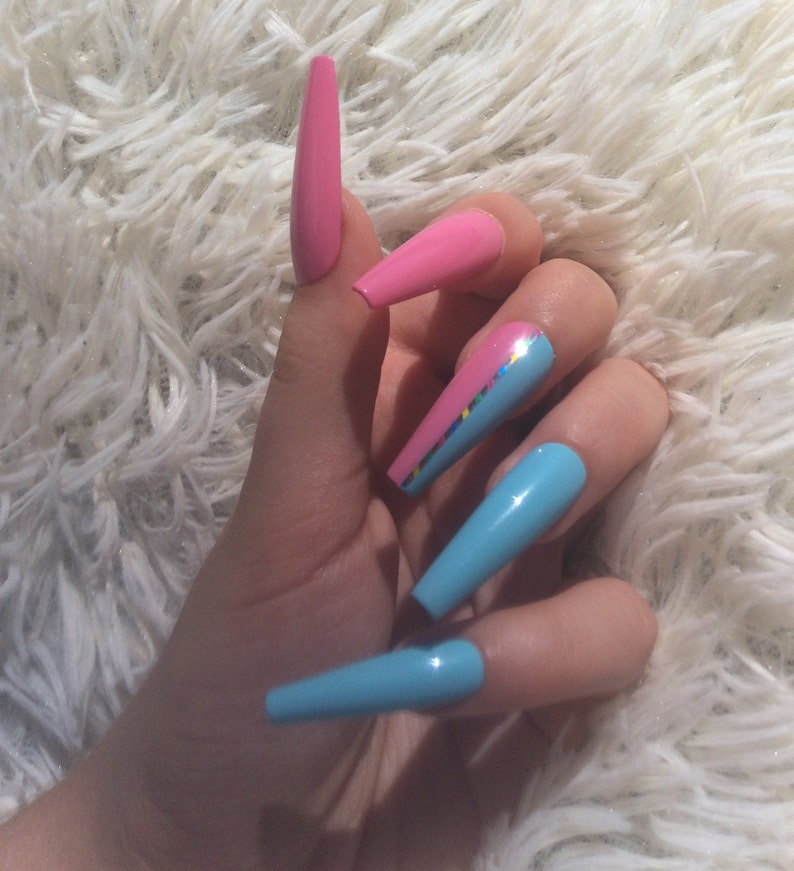 Candy Shop Half Blue Half Pink Nails Baby Pink Nails Baby Blue Nails Gender Reveal Party Nails Ballerina Nails Press on Nails image 2