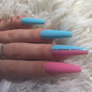 Candy Shop Half Blue Half Pink Nails Baby Pink Nails Baby Blue Nails Gender Reveal Party Nails Ballerina Nails Press on Nails image 4