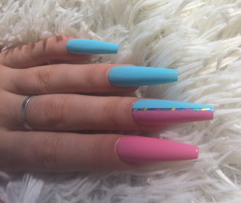 Candy Shop Half Blue Half Pink Nails Baby Pink Nails Baby Blue Nails Gender Reveal Party Nails Ballerina Nails Press on Nails image 4