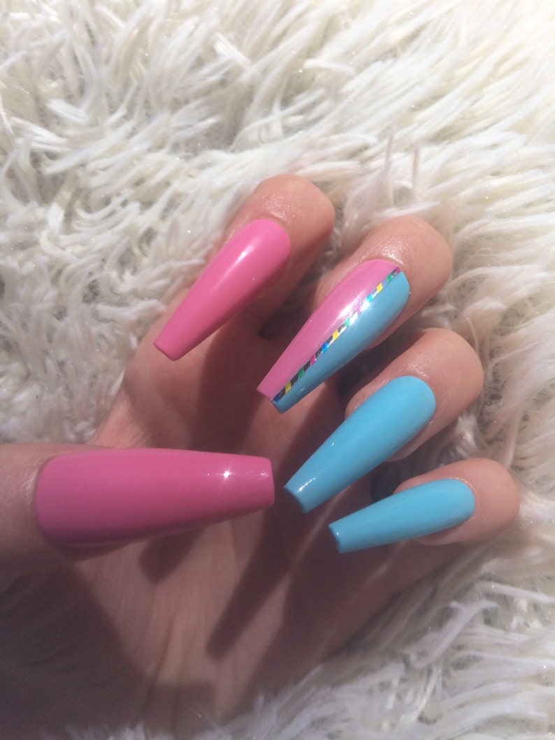 Candy Shop Half Blue Half Pink Nails Baby Pink Nails Baby Blue Nails Gender Reveal Party Nails Ballerina Nails Press on Nails image 1